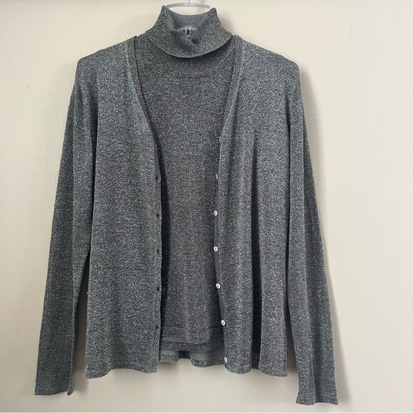 August Silk Gray Metallic Shimmer Silk Blend Cowl Cardigan Sweater Set Large - Picture 1 of 14